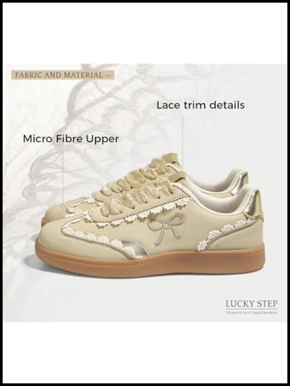 Women's Lace Detail Casual Sneakers Organza Ribbon Lace-Up Fashion Vintage Gum